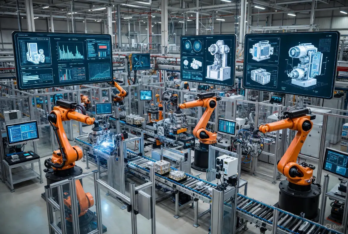 A vibrant futuristic smart factory scene featuring orange robotic arms on assembly lines, glowing cyan holographic digital twins overlaying machinery, solar panels on the roof, wind turbines in the background, 3D printers building components, and dynamic data streams in blues and greens for Industry 4.0 innovation.