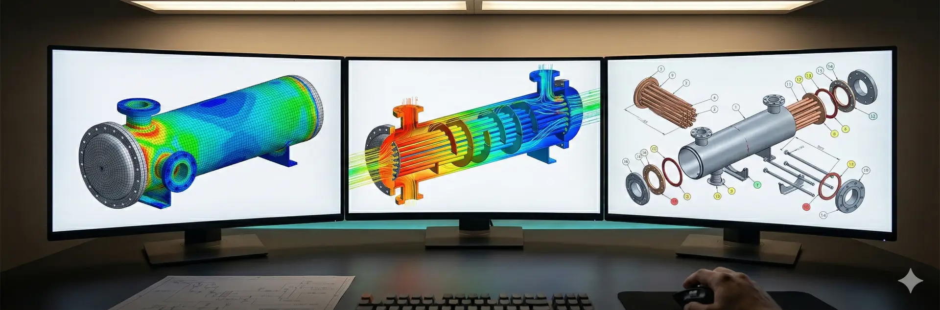 Integrated FEA stress, CFD thermal flow, and DFMA assembly analysis of industrial heat exchanger on engineering workstation.