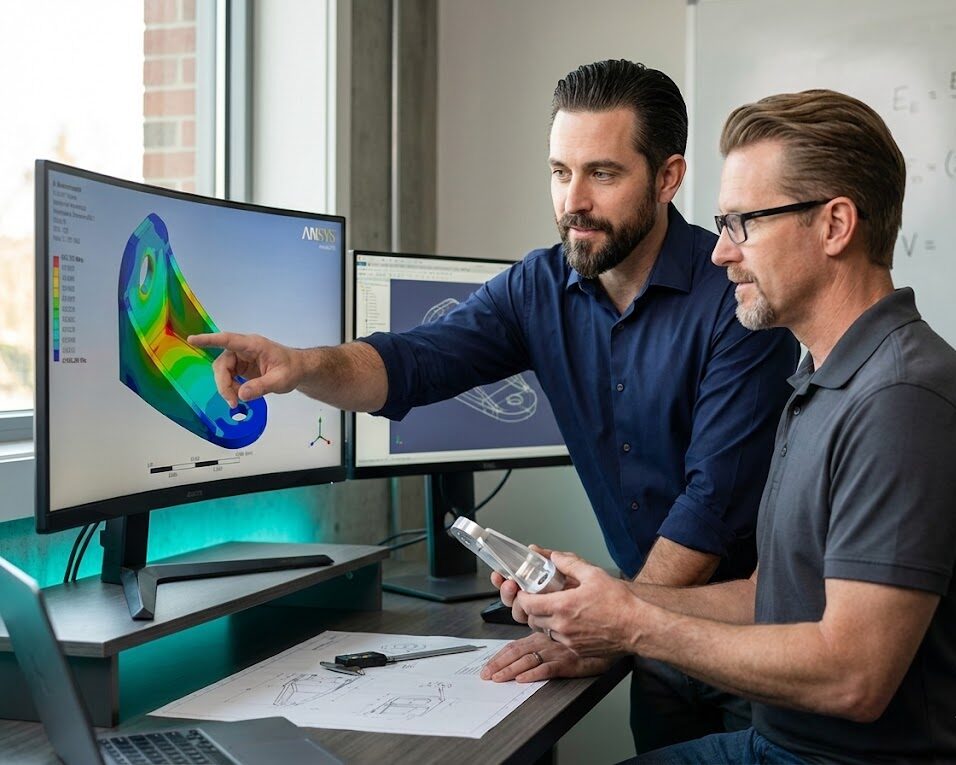 Veteran-led engineering firm team reviewing FEA stress analysis results on screen while examining machined aerospace component.